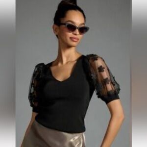 Dolan top with sheer sleeves floral appliqué. Top purchased from Anthropologie.